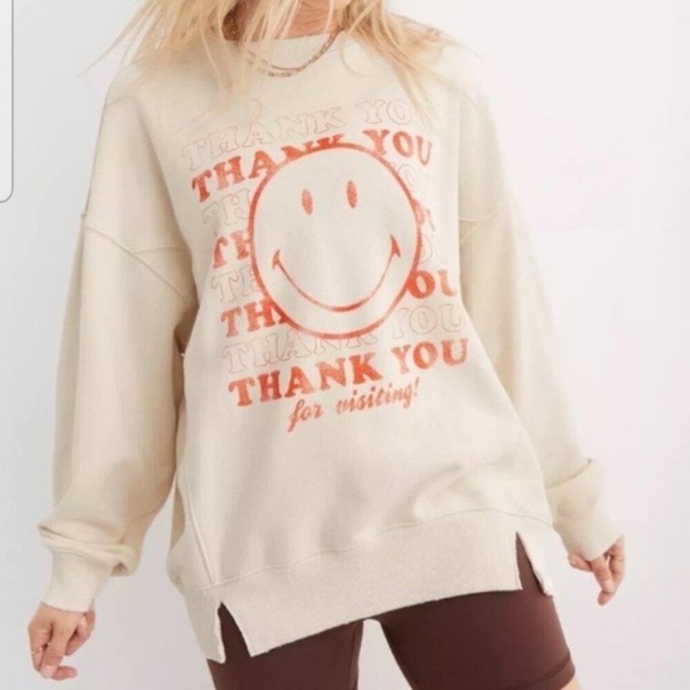 Aerie Women’s XS Oversized Graphic Crewneck Sweatshirt Cream “Thank you” Smiley